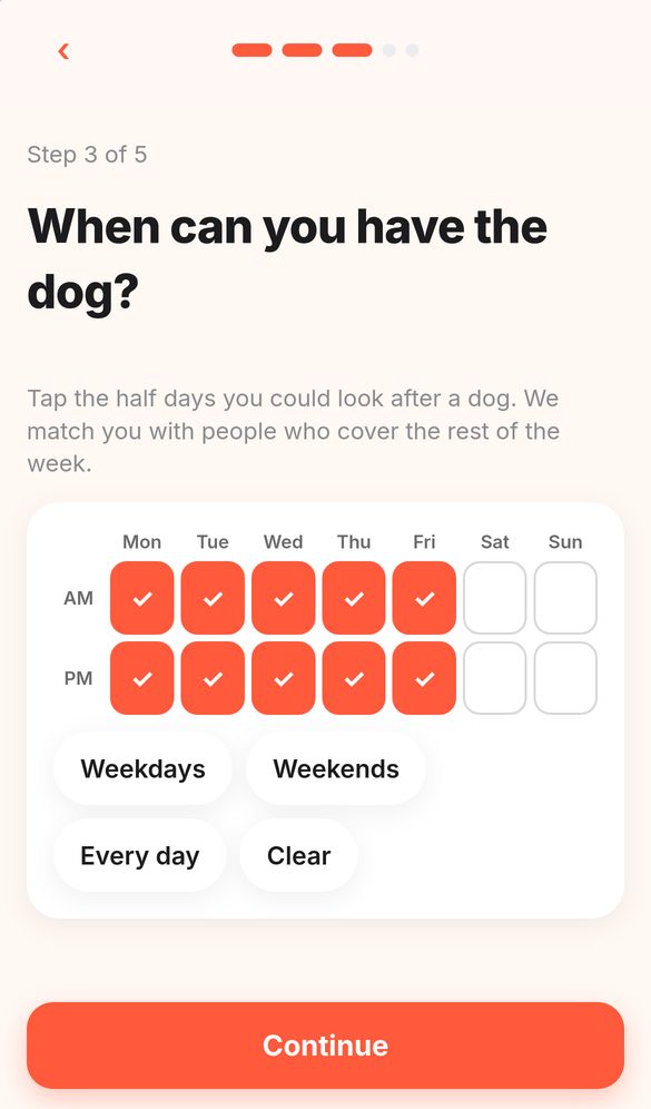 Availability grid with Monday to Friday selected